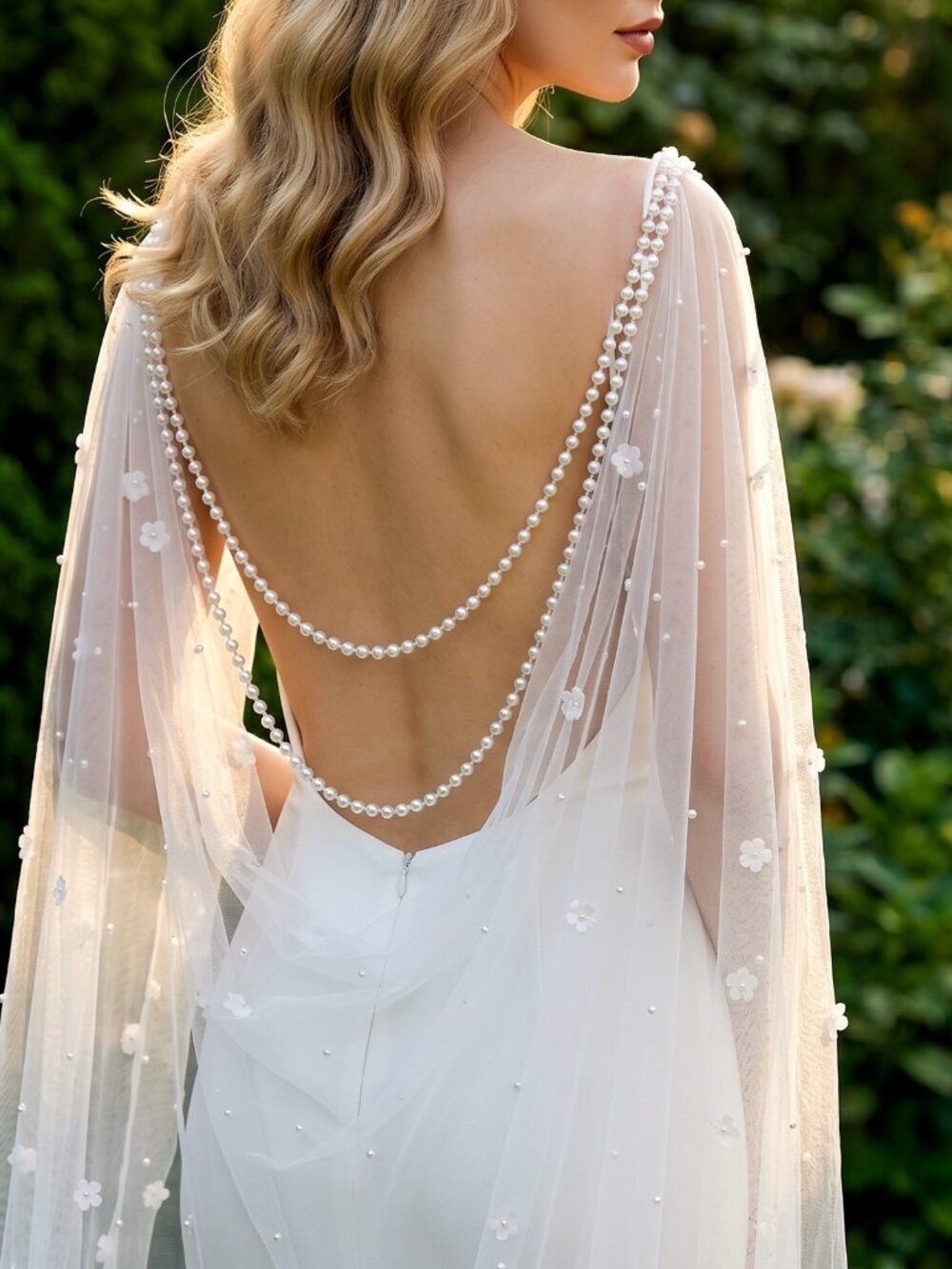 3D Floral & Pearl Chain Cathedral Back Drape Veil